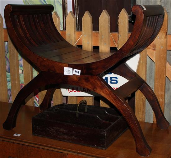 Teak x-frame stool & cutlery box